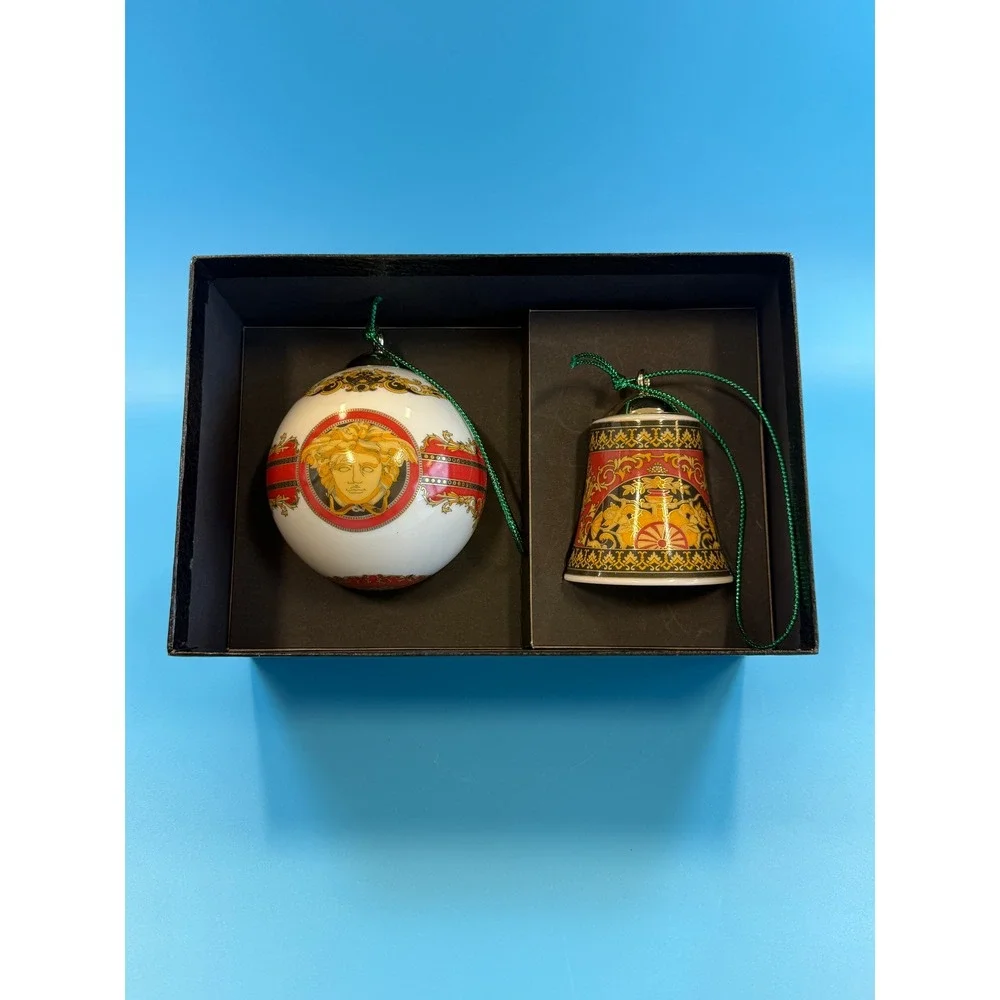 Versace Rosenthal Medusa Bell & Ball Ornament Set Porcelain Holiday Decor w/ Box